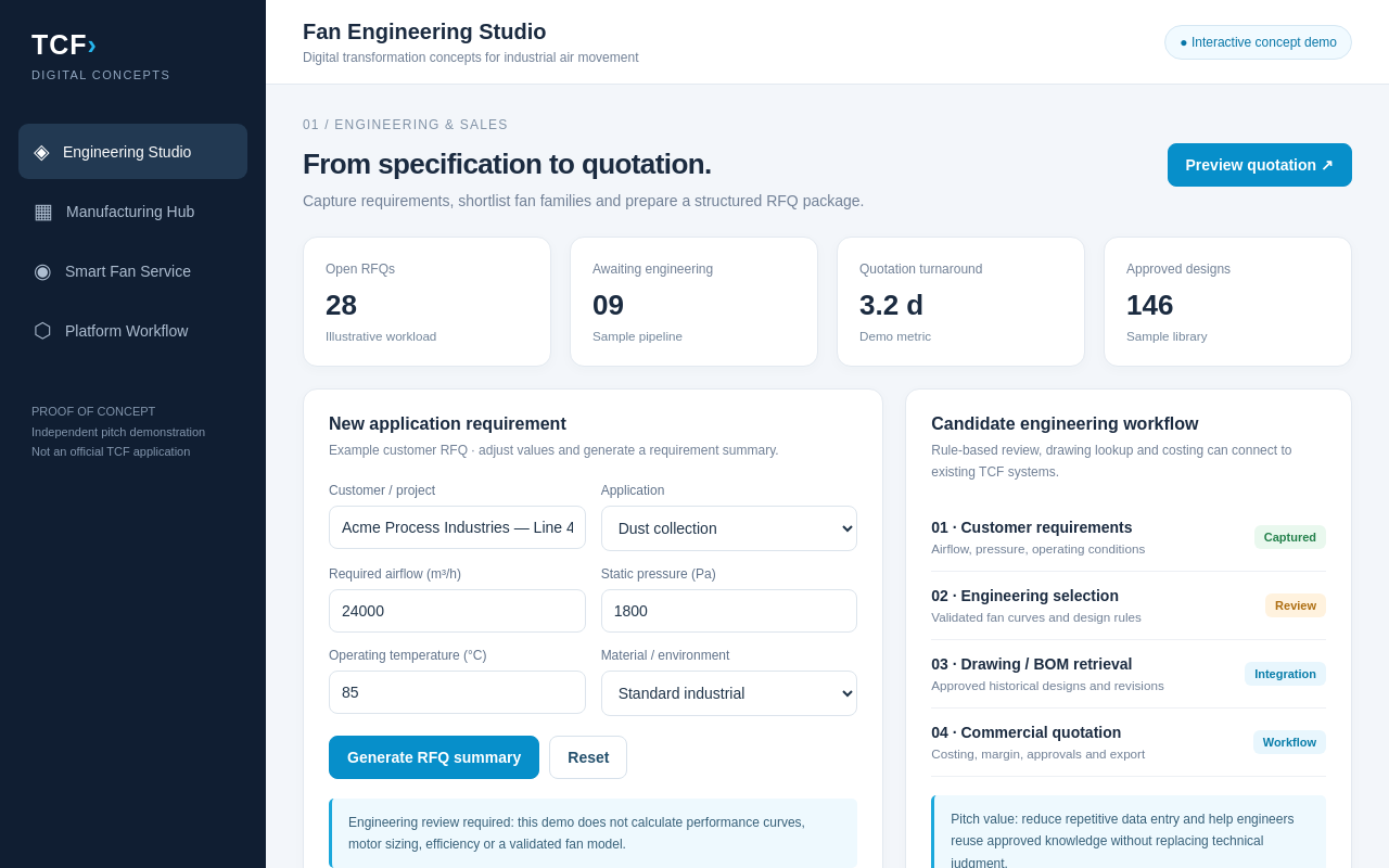Fan Engineering Studio — specification to quotation concept screens